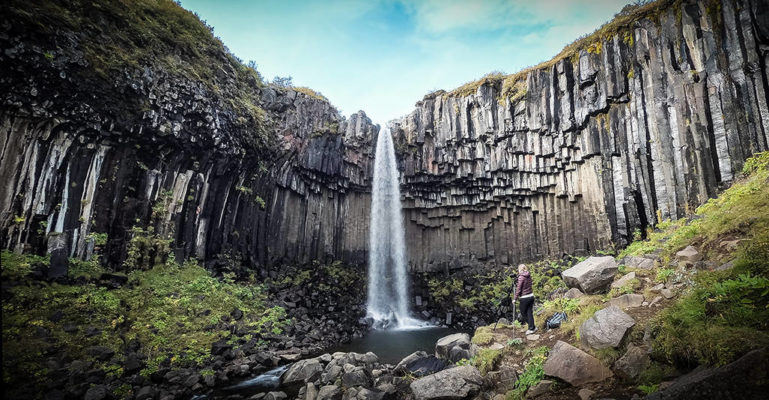 svartifoss waterfall in skaftafell iceland. thin waterfall surrounded by dark basalt columns